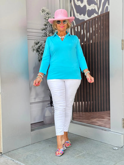 LULU-B SOLID AQUA COLLAR SLEEVE TOP