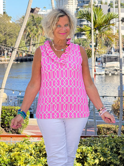 LULU B PALM BEACH LATTICE SLEEVELESS RUFFLE TOP