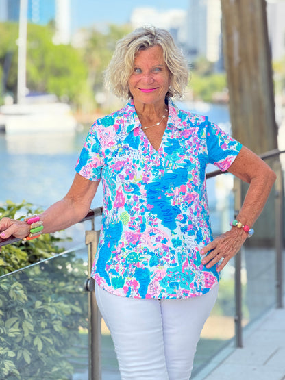 LULU B PALM BEACH SPLASH COLLAR SHORT SLEEVE