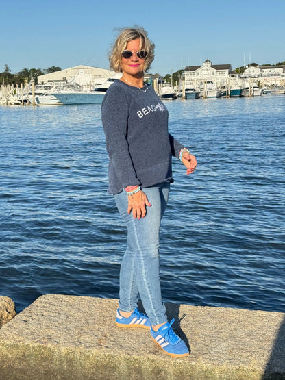 CHENILLE BEACH TIME NAVY CREW SWEATER