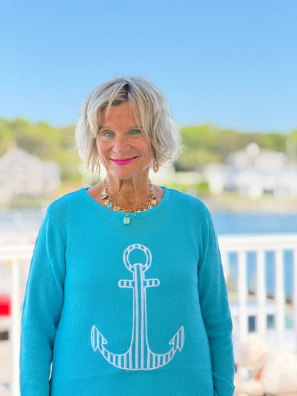 DOCKSIDE NAUTICAL AQUA STRIPE ANCHOR SWEATER