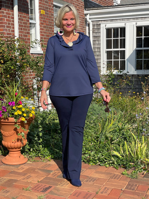 LULU-B NAVY SOLID RUFFLE TOP