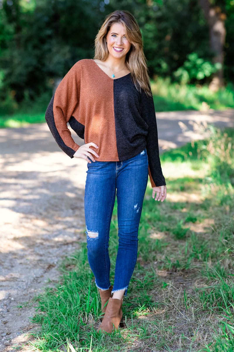 Cognac and Black Colorblock V-Neck Sweater