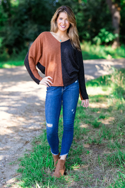 Cognac and Black Colorblock V-Neck Sweater