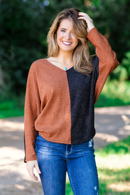 Cognac and Black Colorblock V-Neck Sweater