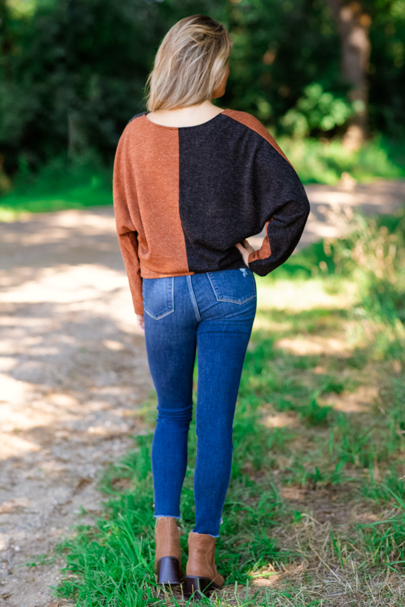 Cognac and Black Colorblock V-Neck Sweater