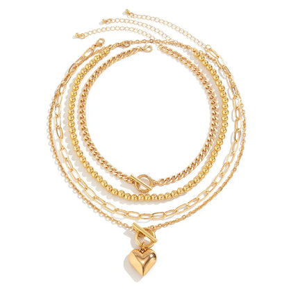 4 Pieces Layered Beaded Chain with Heart Pendant Necklace