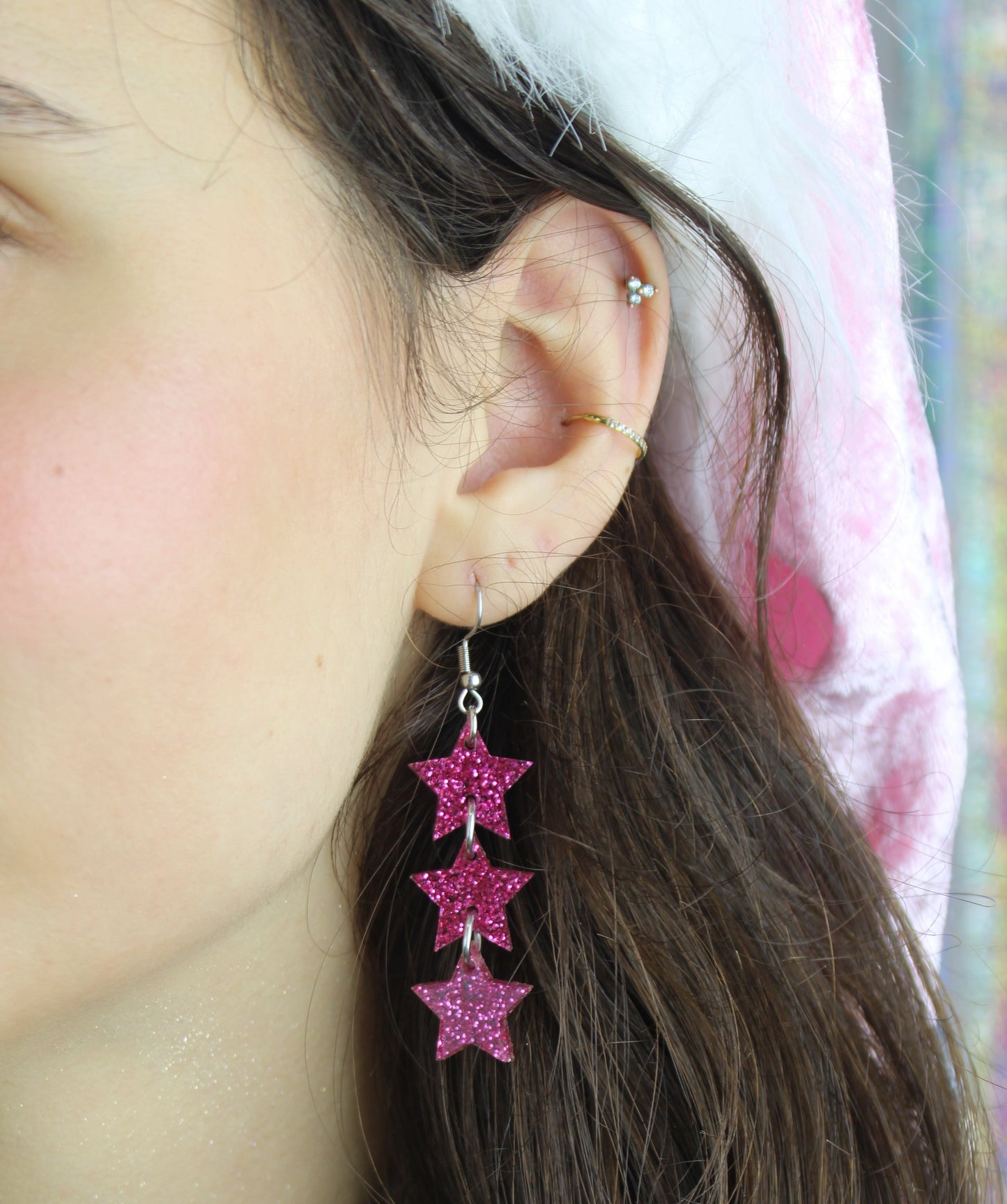 Pink Glitter Star Trio Earrings