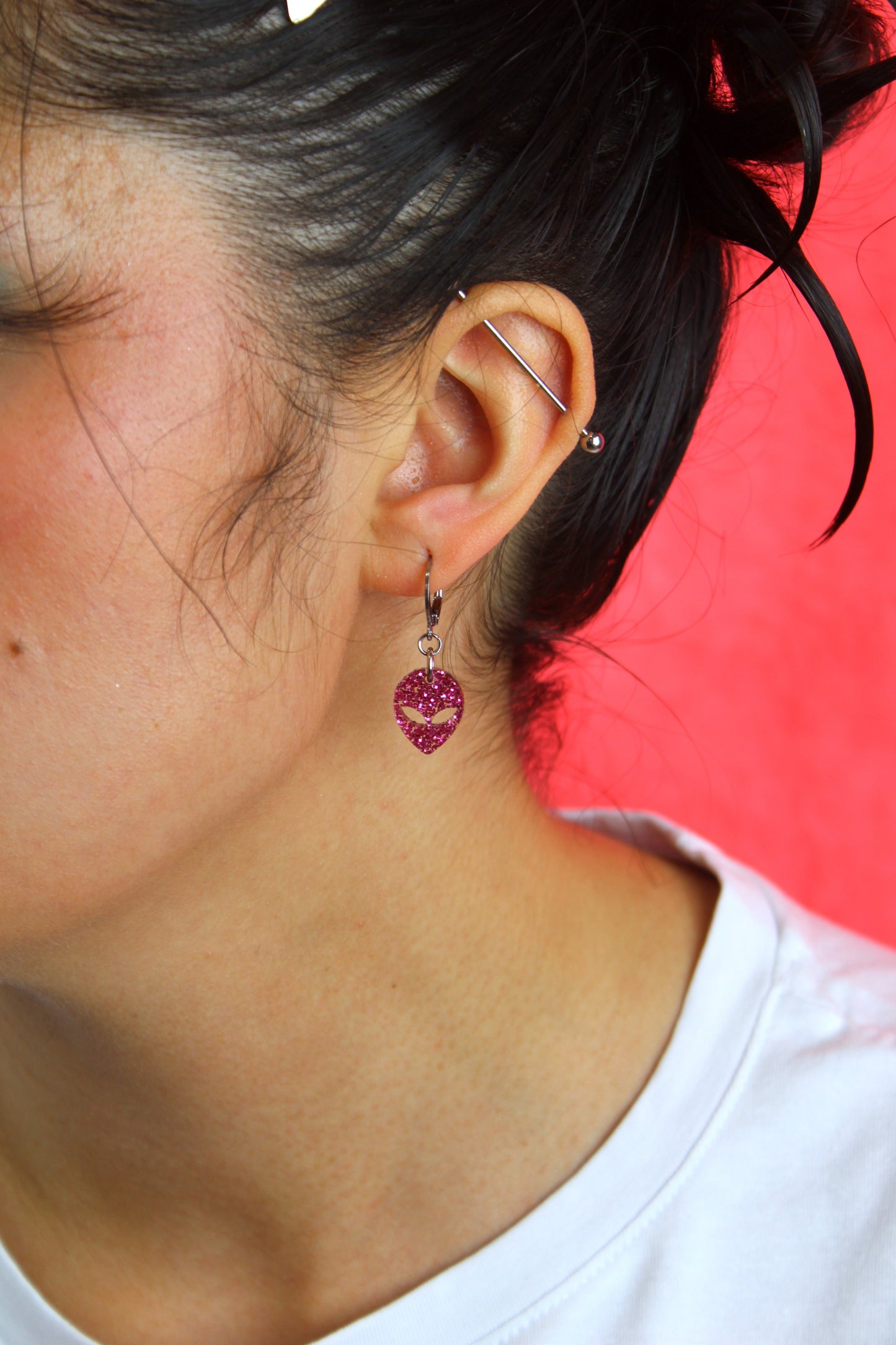 Pink Glitter Alien Hoop Earrings