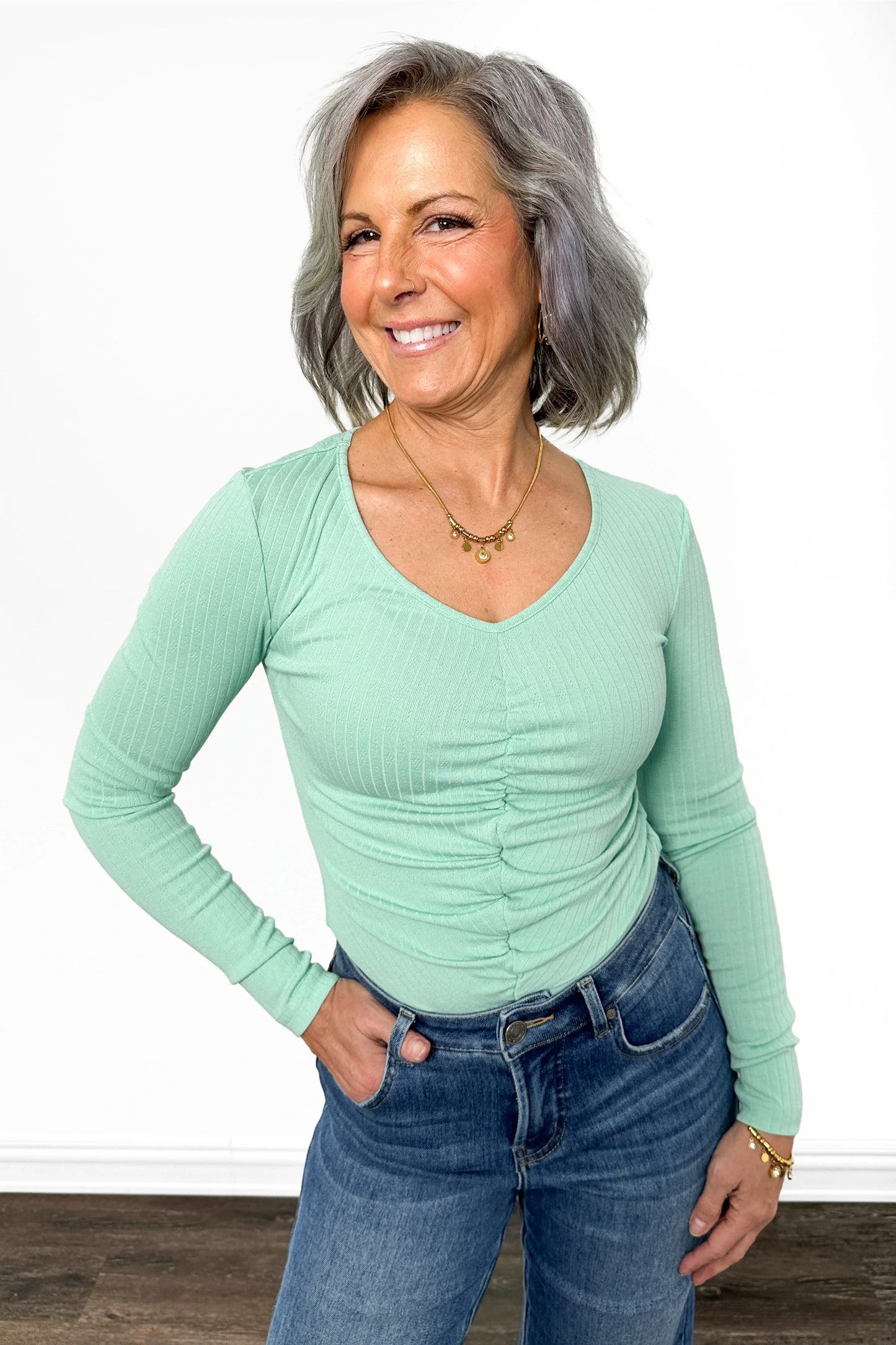 ALB Custom Women's Pointelle Ruched V-Neck Top