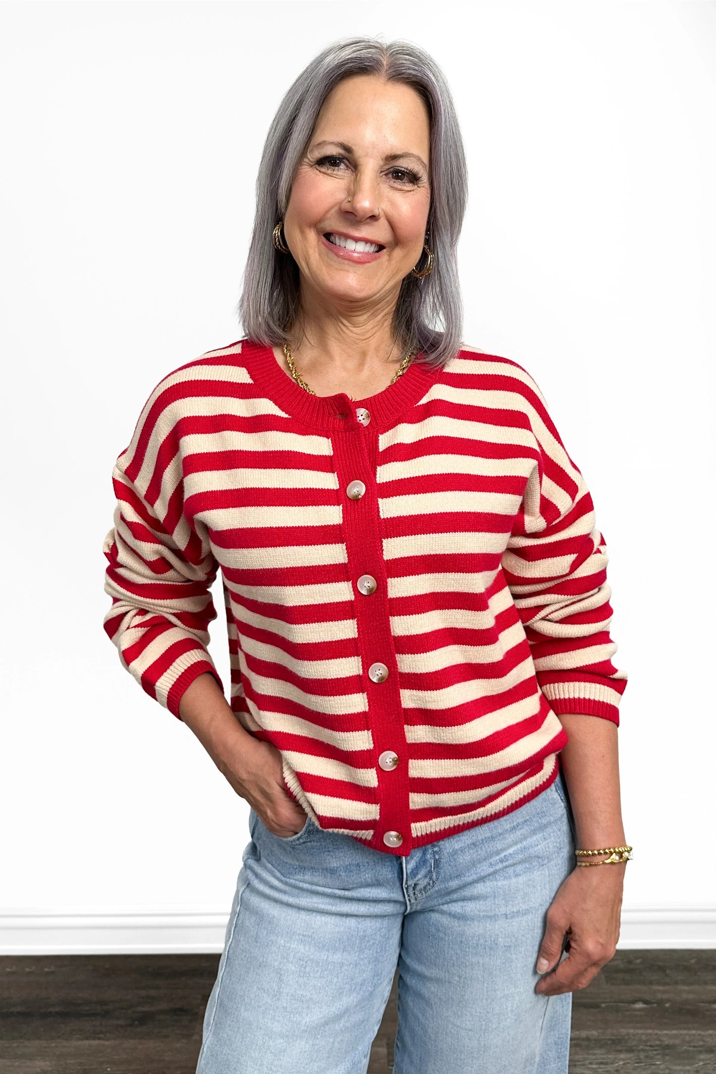 Women's Button Front Striped Cardigan by Ava Lane