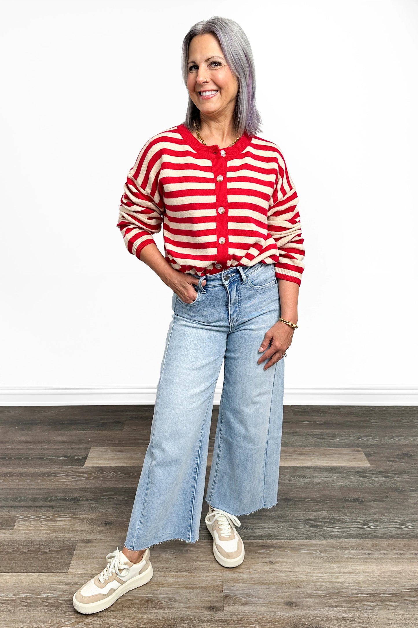 Women's Button Front Striped Cardigan by Ava Lane