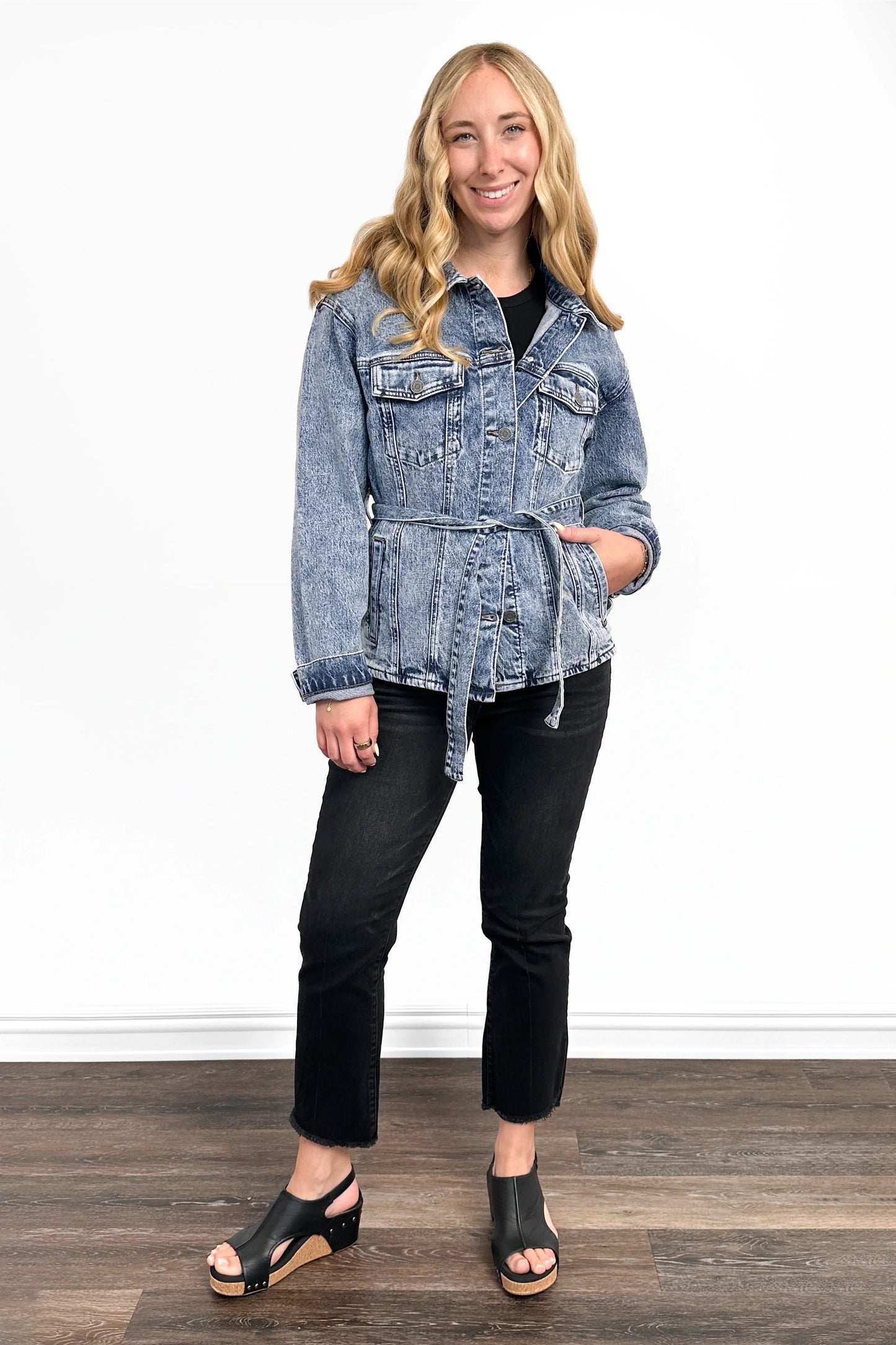 The Cindy Medium Wash Belted Denim Jacket