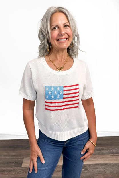 Women's American Flag Short Sleeve Sweater by Ava Lane