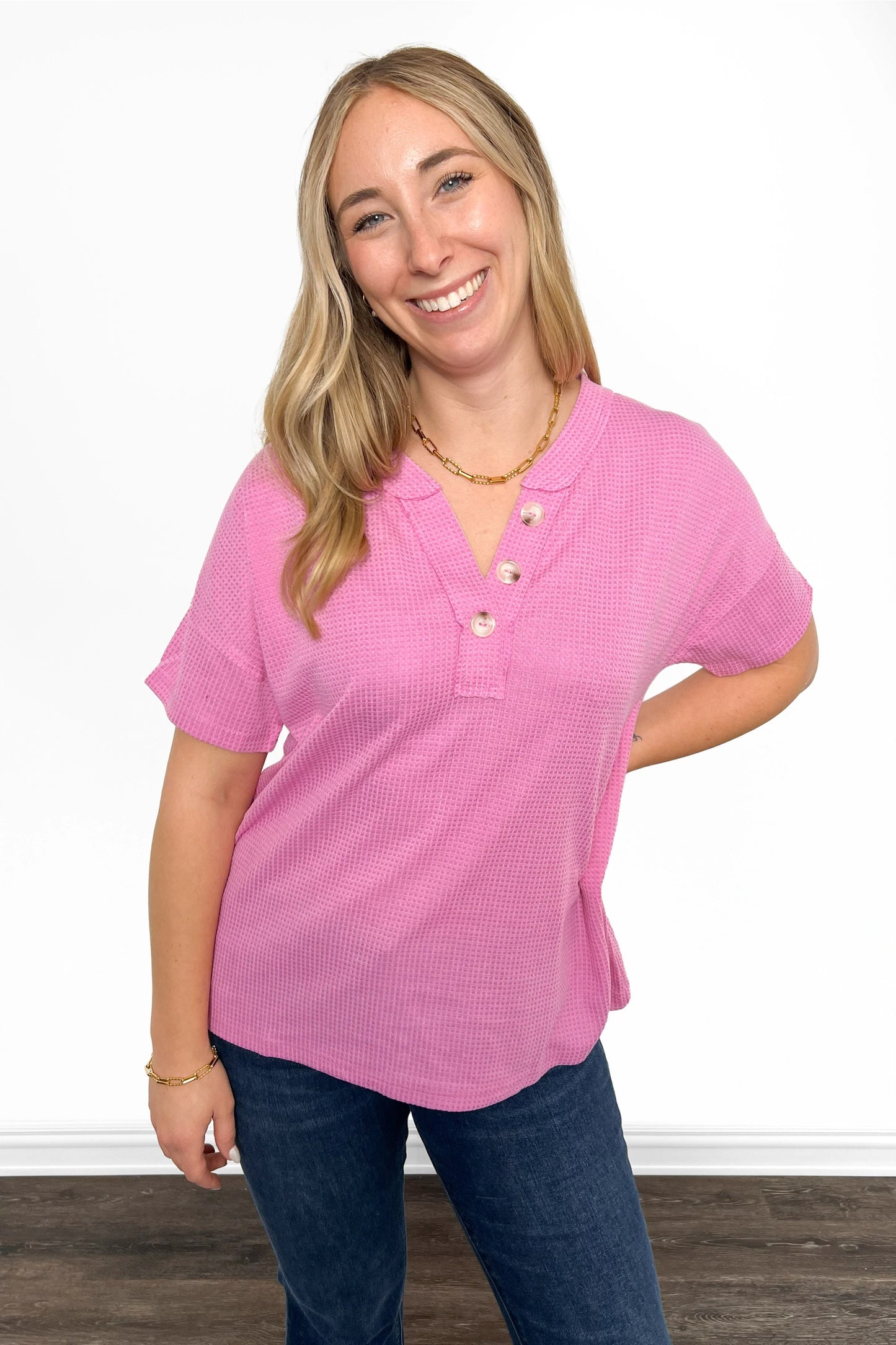Women's Faux Button V-Neck Short Sleeve Top