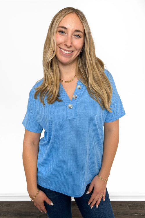 Women's Faux Button V-Neck Short Sleeve Top