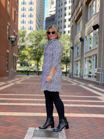 BLACK AND WHITE ZEBRA RUFFLE DRESS
