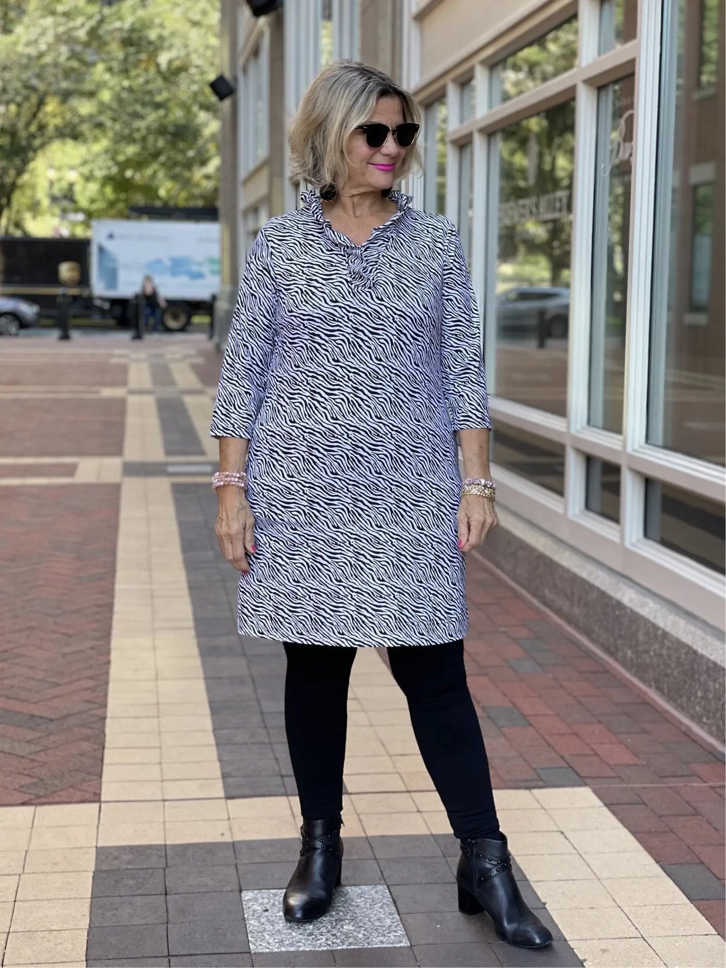 BLACK AND WHITE ZEBRA RUFFLE DRESS