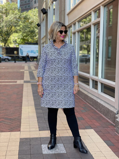 BLACK AND WHITE ZEBRA RUFFLE DRESS