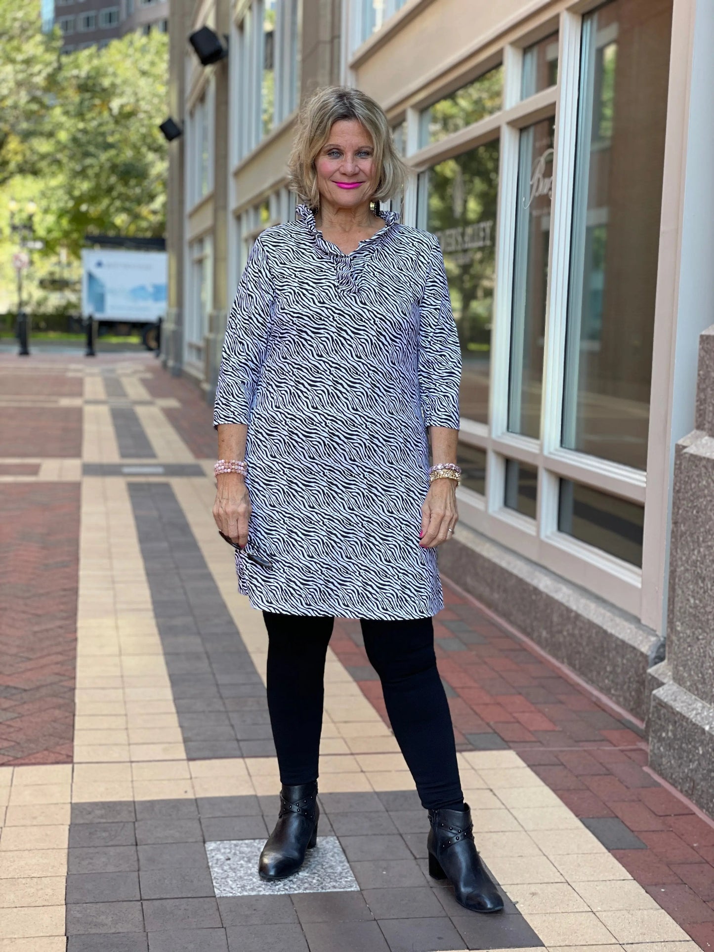BLACK AND WHITE ZEBRA RUFFLE DRESS