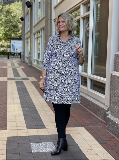 BLACK AND WHITE ZEBRA RUFFLE DRESS