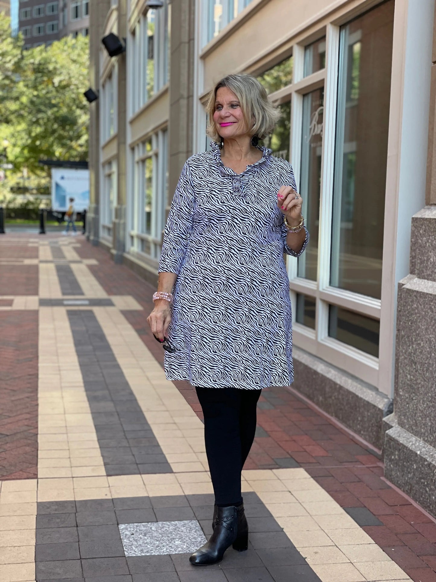 BLACK AND WHITE ZEBRA RUFFLE DRESS