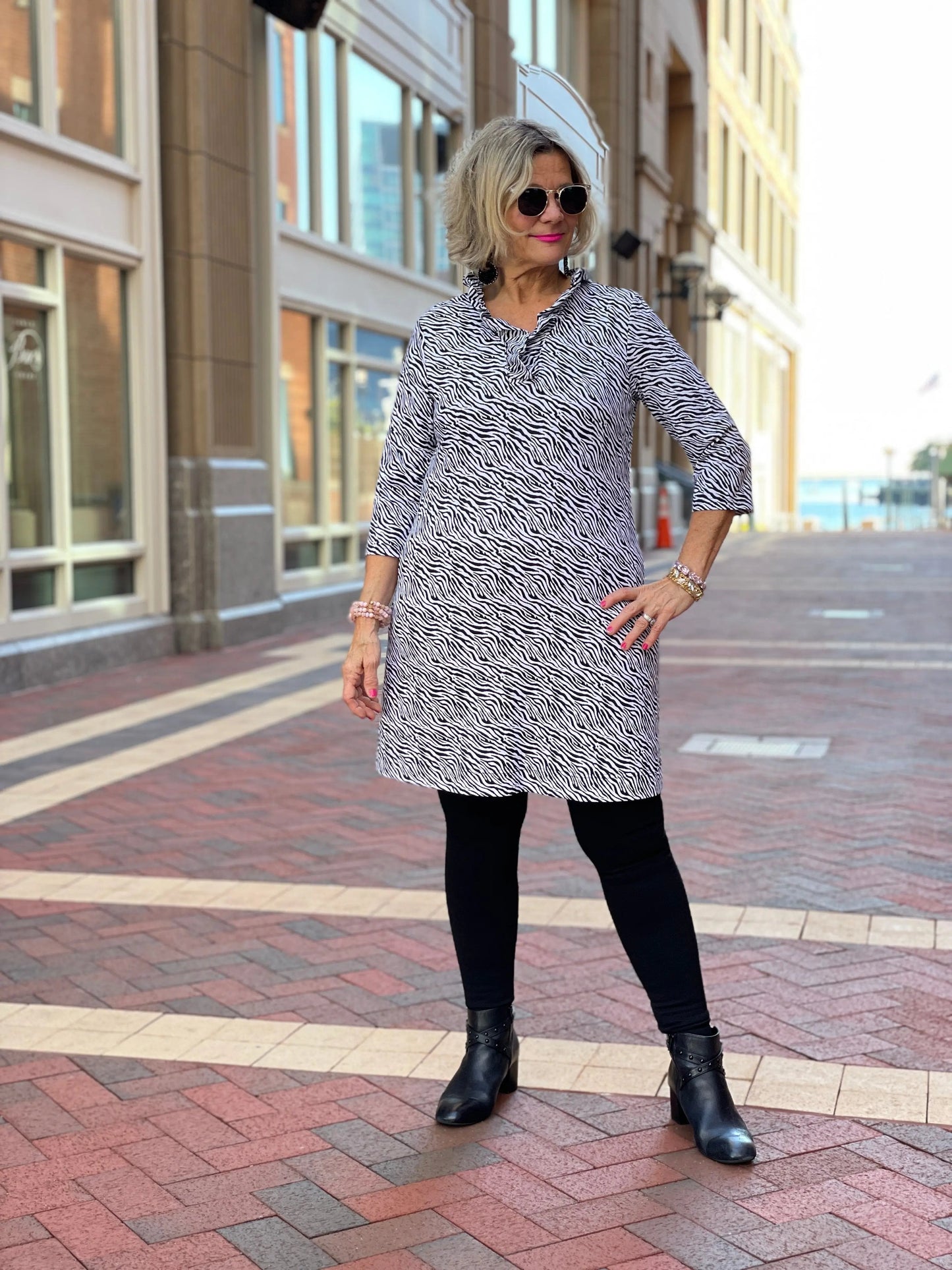 BLACK AND WHITE ZEBRA RUFFLE DRESS