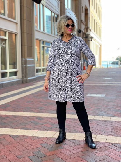 BLACK AND WHITE ZEBRA RUFFLE DRESS