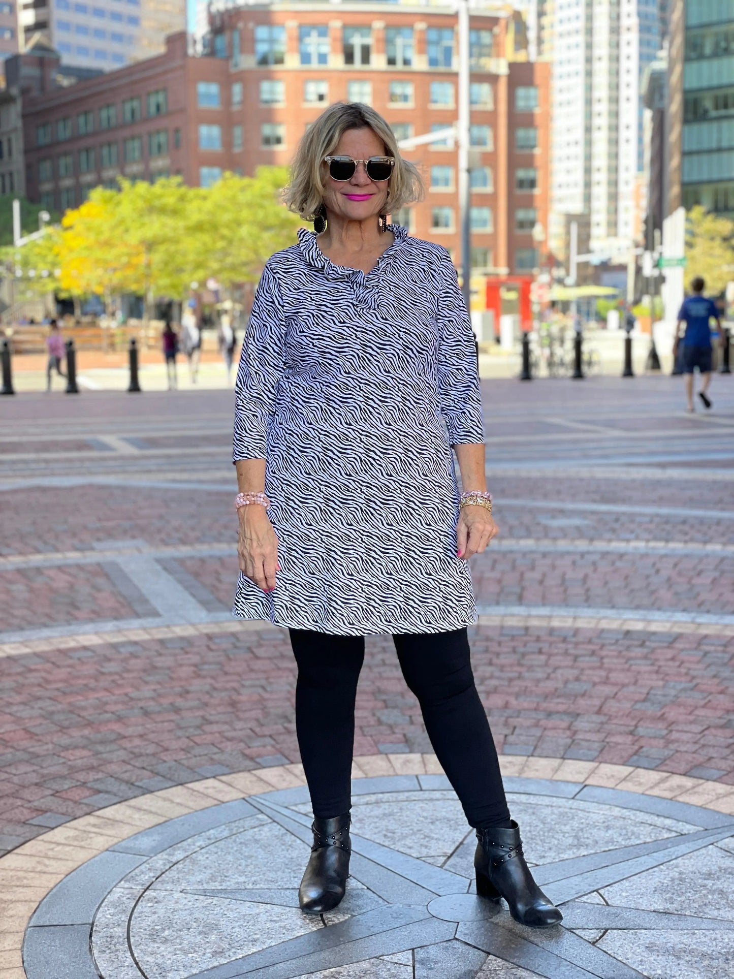 BLACK AND WHITE ZEBRA RUFFLE DRESS