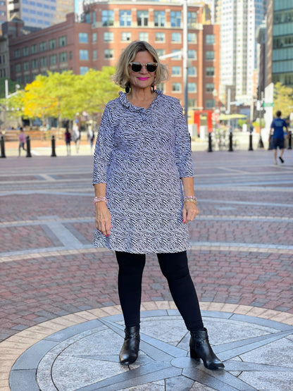 BLACK AND WHITE ZEBRA RUFFLE DRESS