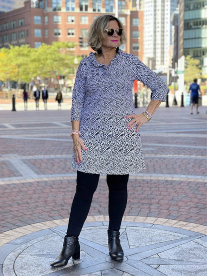 BLACK AND WHITE ZEBRA RUFFLE DRESS