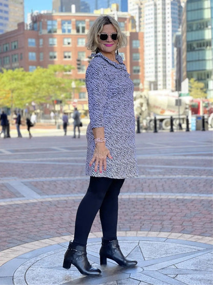 BLACK AND WHITE ZEBRA RUFFLE DRESS