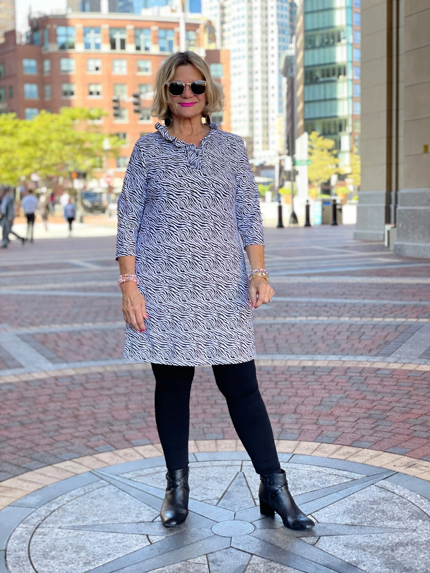 BLACK AND WHITE ZEBRA RUFFLE DRESS
