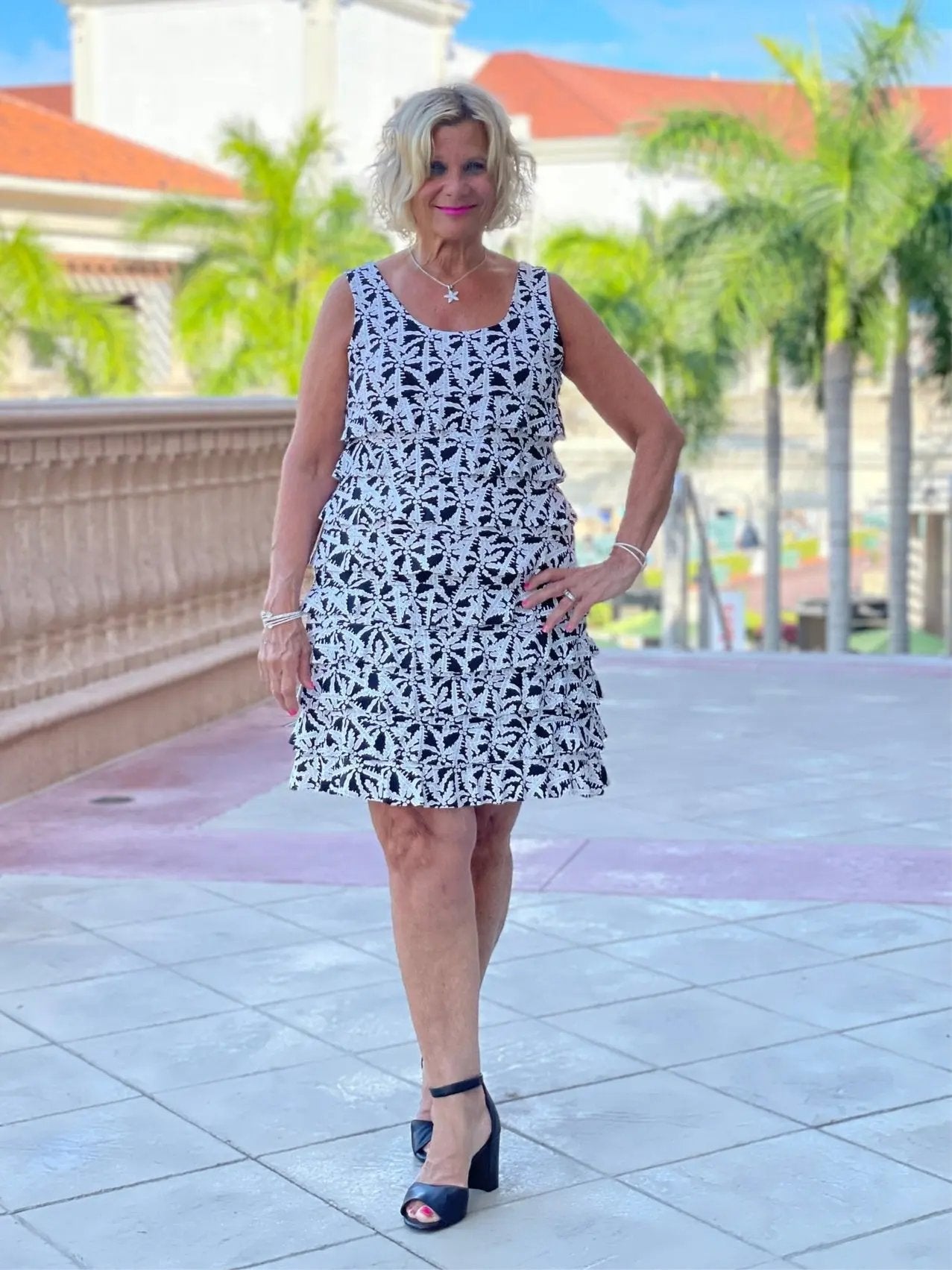 BLACK AND BEIGE LAYERED RUFFLE DRESS