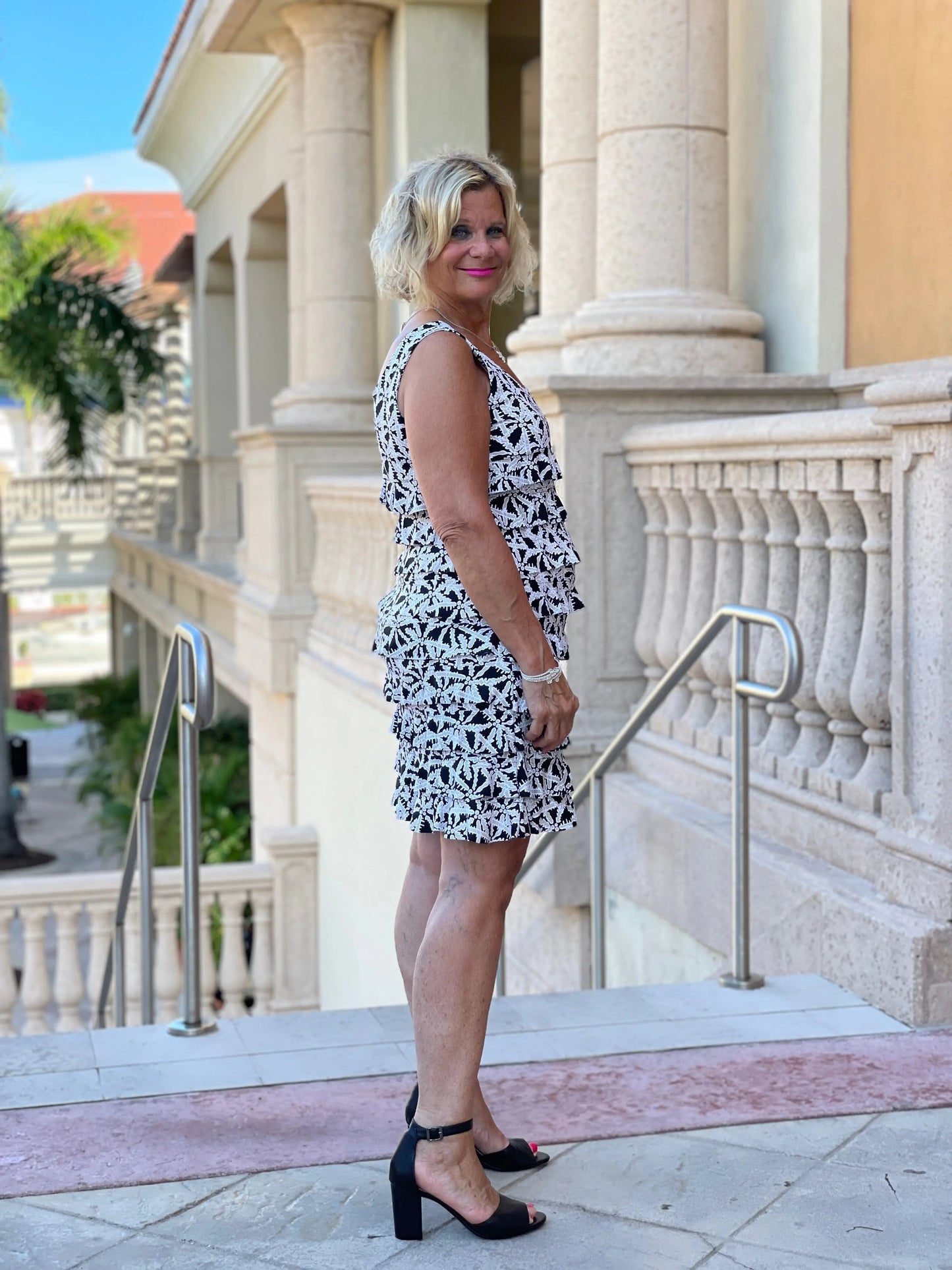 BLACK AND BEIGE LAYERED RUFFLE DRESS