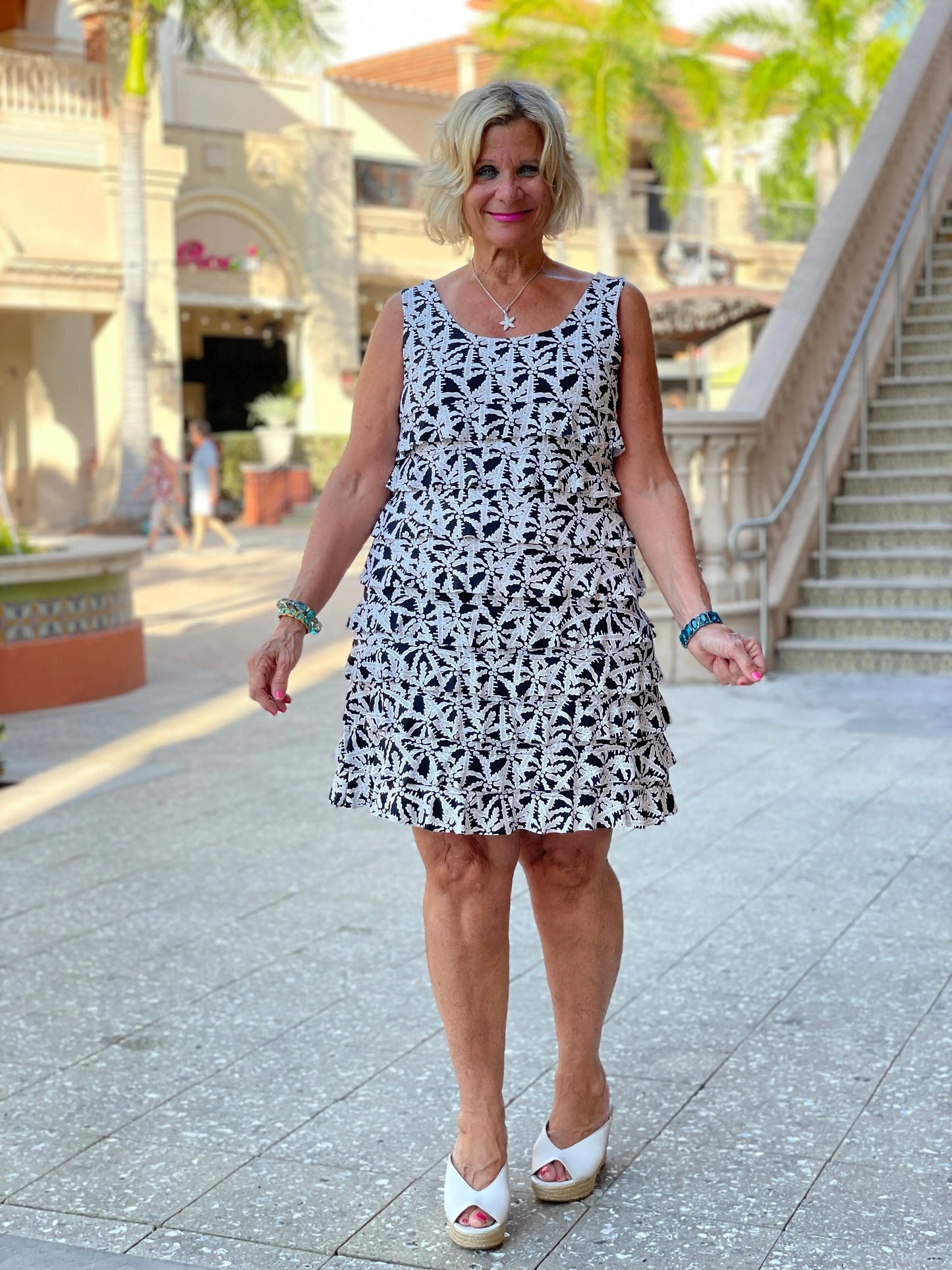 BLACK AND BEIGE LAYERED RUFFLE DRESS