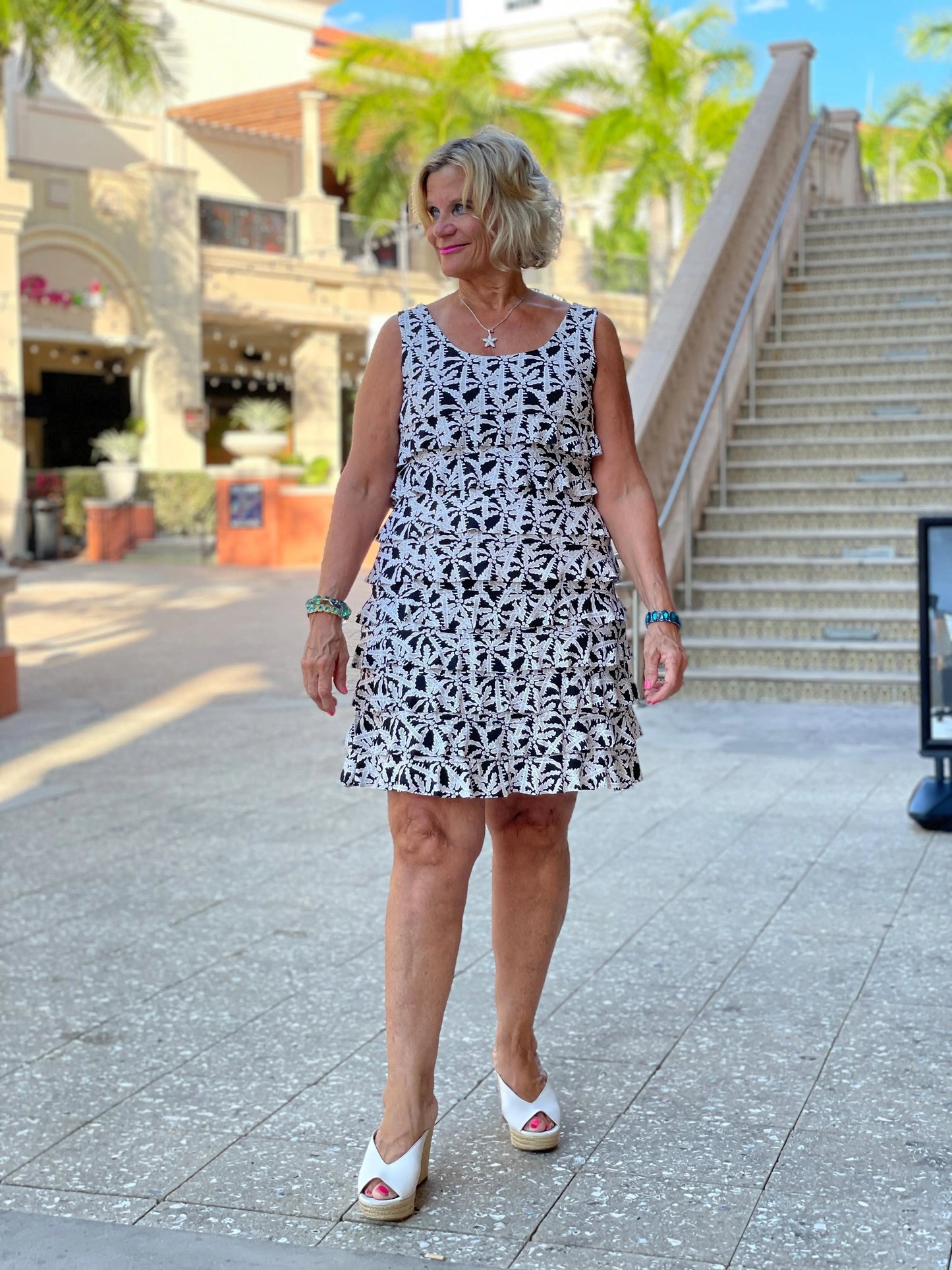 BLACK AND BEIGE LAYERED RUFFLE DRESS