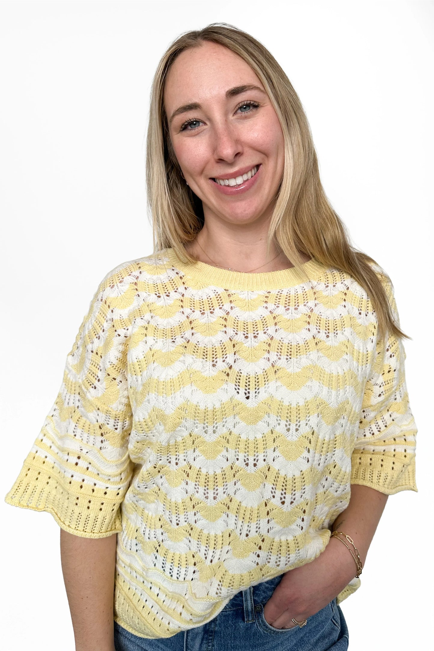 ALB Custom Women's Open Knit Striped Short Sleeve Top
