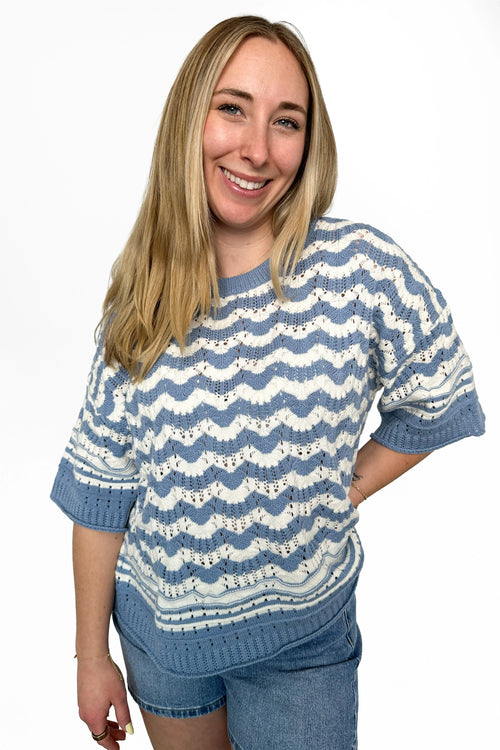 ALB Custom Women's Open Knit Striped Short Sleeve Top