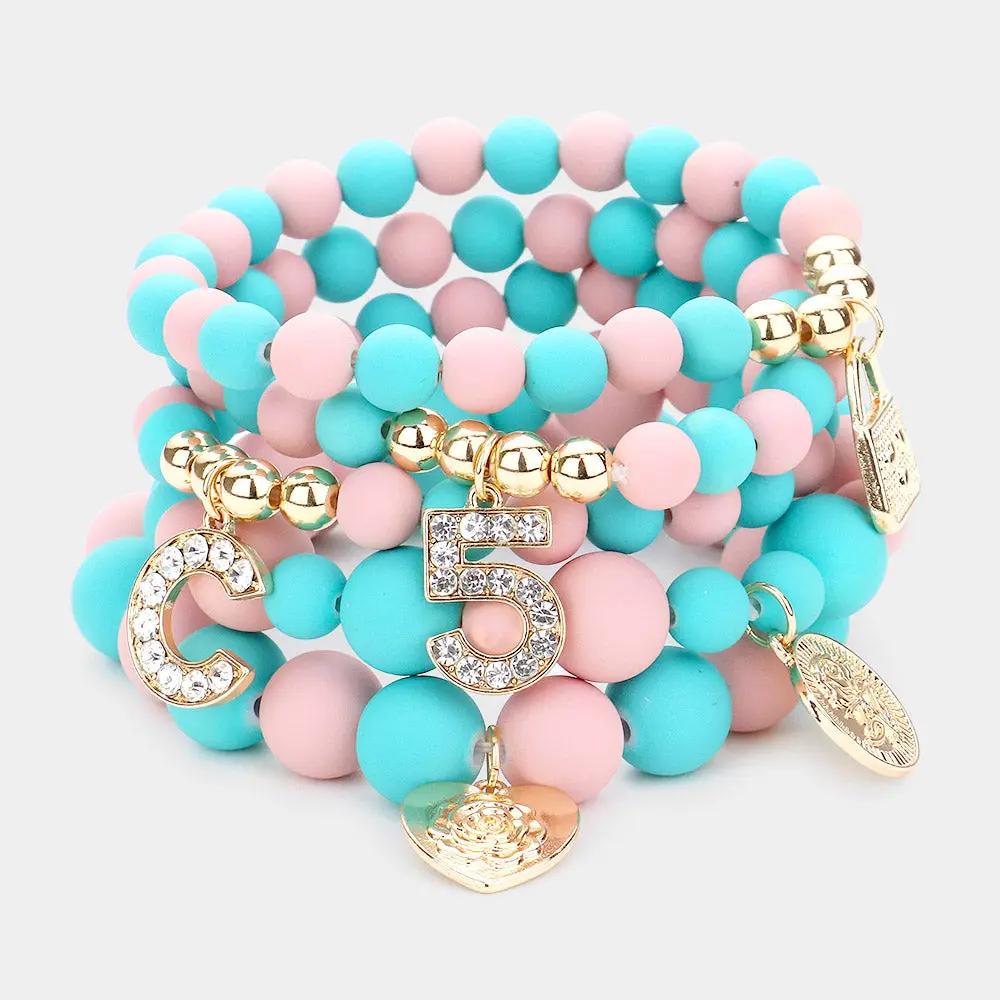 .5 Heart Lock Charm Beaded Stretch Bracelets 5PCS -