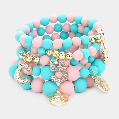 .5 Heart Lock Charm Beaded Stretch Bracelets 5PCS -