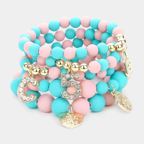 .5 Heart Lock Charm Beaded Stretch Bracelets 5PCS -