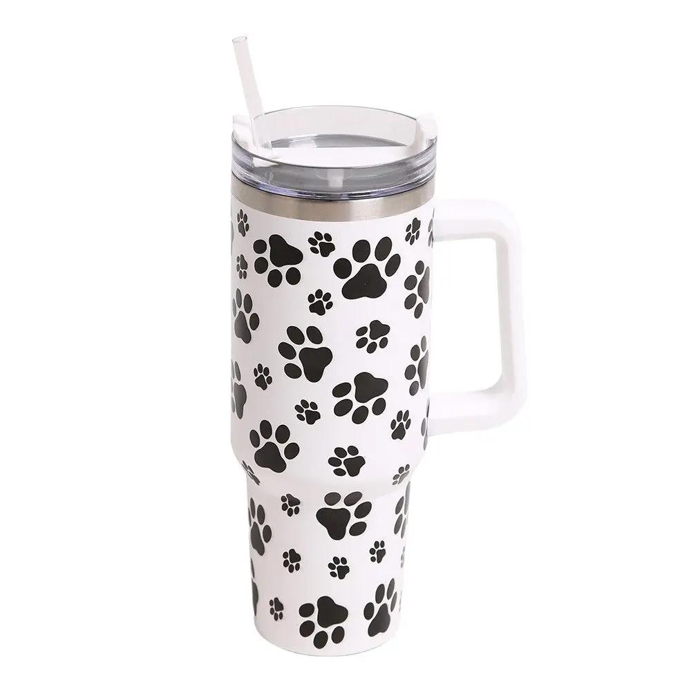 Dog Paw White Printed 40oz Stainless Steel Tumbler With Handle