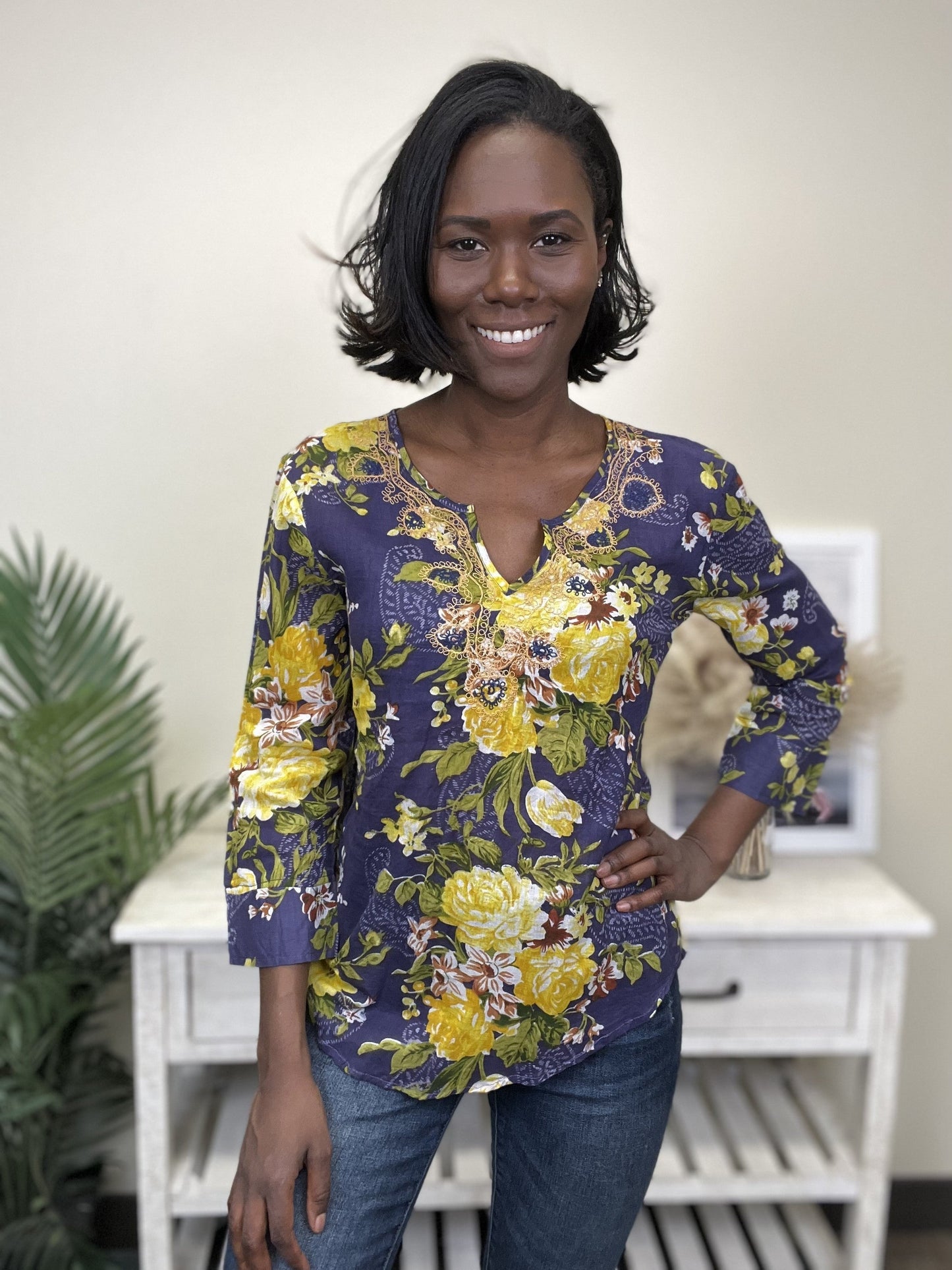 Extra Mile Women's Embroidered V-Neck Long Sleeve Top