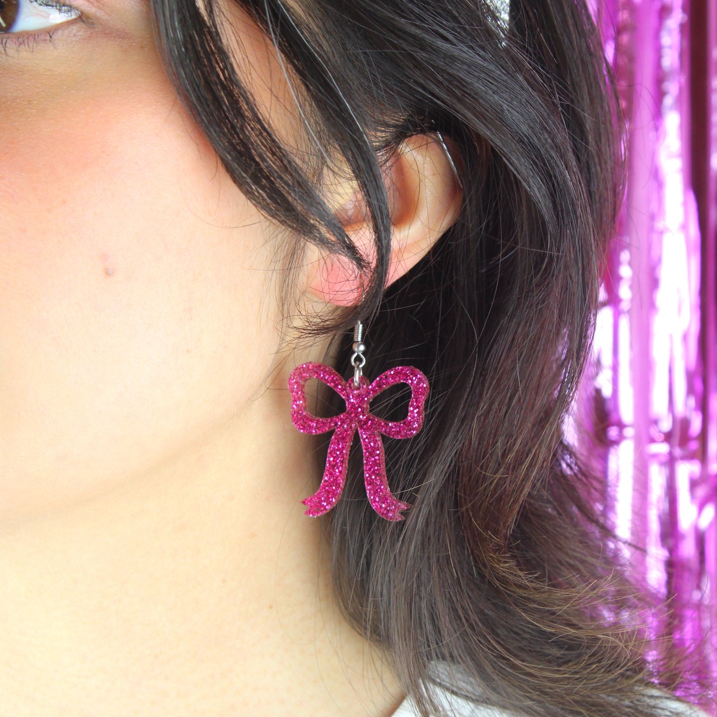 Pink Glitter Bow Earrings