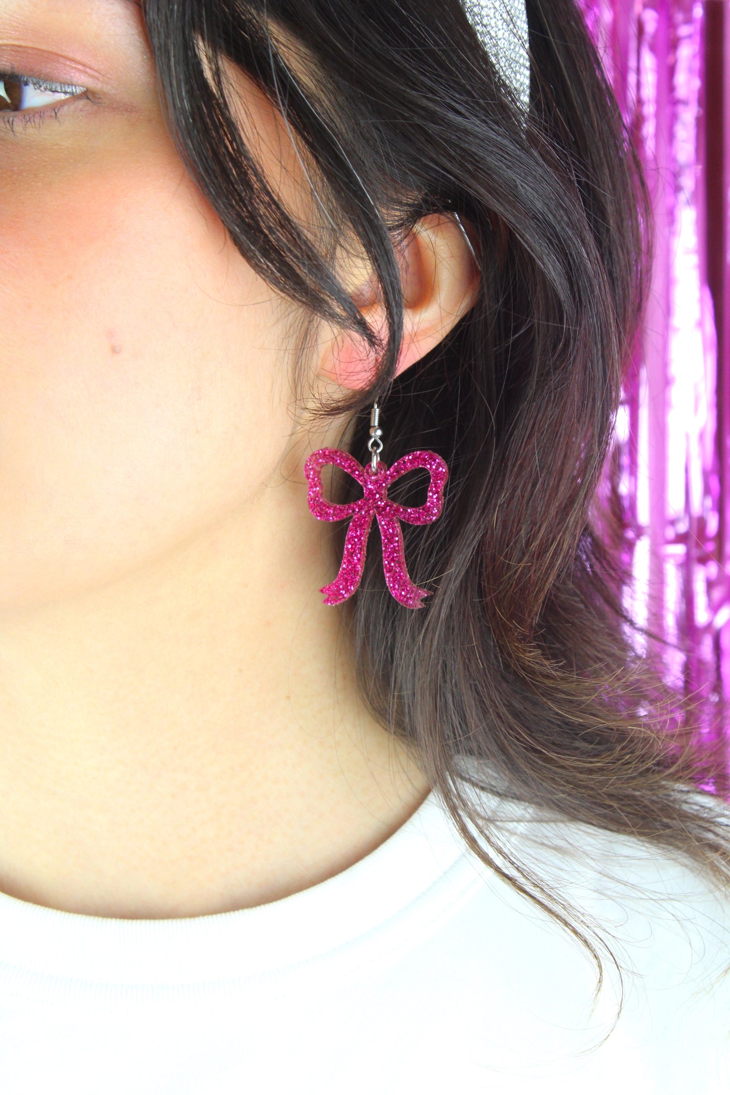 Pink Glitter Bow Earrings