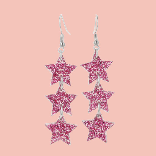 Pink Glitter Star Trio Earrings