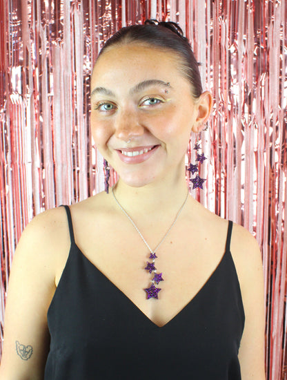 Purple Glitter Cascading Star Drop Earrings