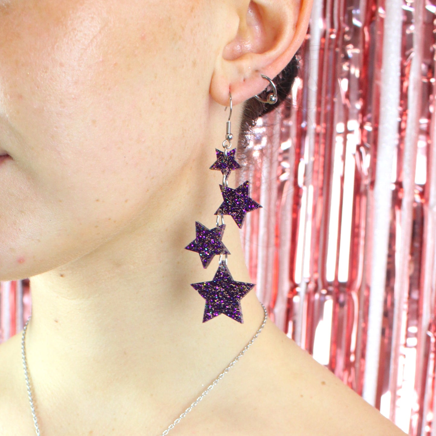 Purple Glitter Cascading Star Drop Earrings