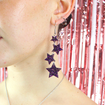 Purple Glitter Cascading Star Drop Earrings